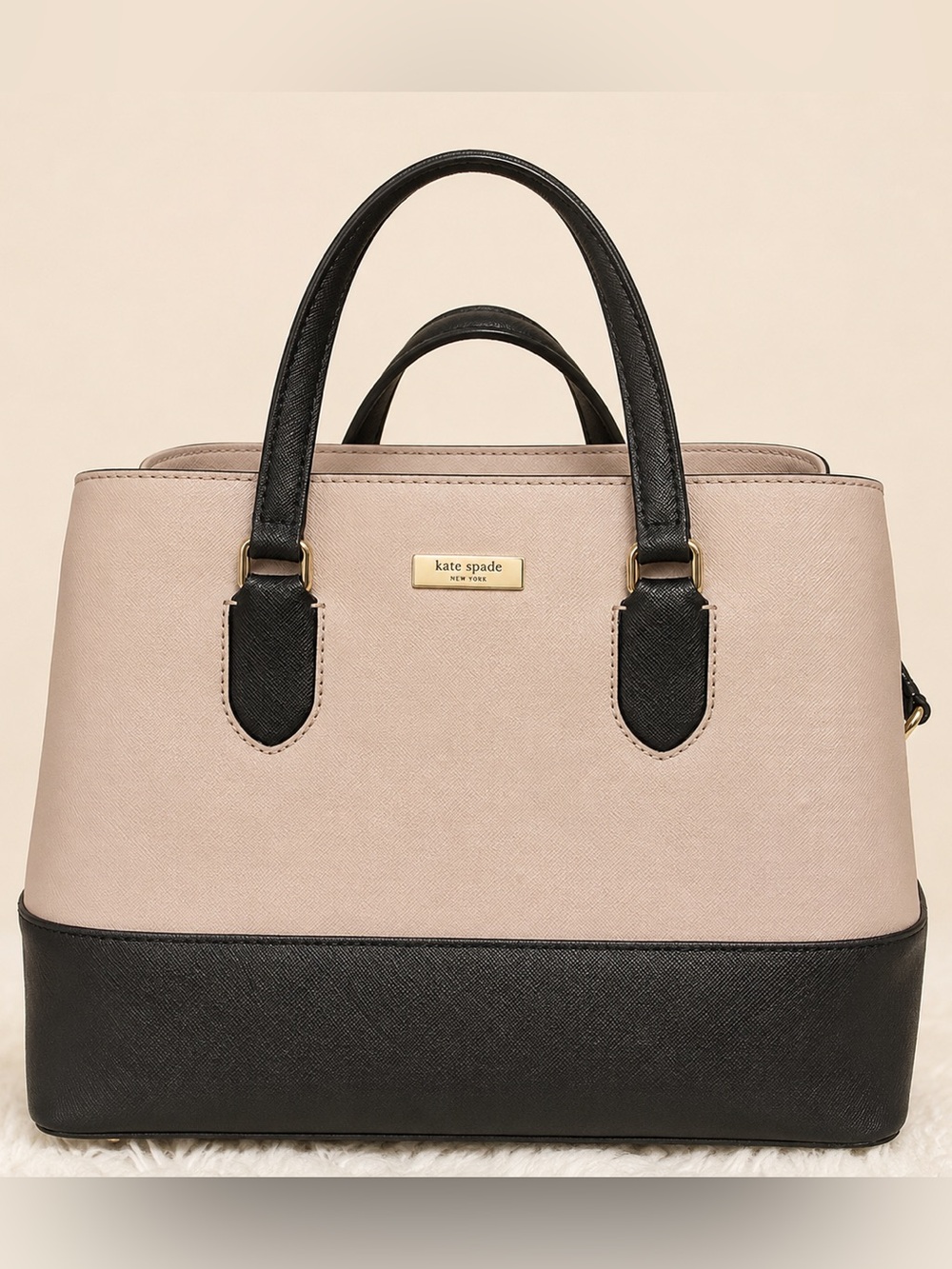 Kate Spade Laurel Way Evangelie Saffiano Leather Satchel Handbag Almond/Black - Picture 2 of 13